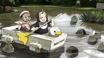 Rule 34 | 3girls, :d, baby animal, bird, blonde hair, boat, brown eyes, brown hair, chicken, closed eyes, clumsy nun (diva), commentary, diva (hyxpk), duck, duckling, english commentary, froggy nun (diva), goggles, habit, highres, horizontal-striped swimwear, little nuns (diva), multiple girls, nun, nun headdress, old-fashioned swimsuit, open mouth, river, rock, slice of life, smile, snorkel, spicy nun (diva), traditional nun, watercraft, yellow eyes