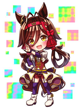 1girl animal_ears antenna_hair blush bodice boots breasts brown_hair chibi chibi_only choker commentary_request corset cropped_jacket full_body garter_straps hair_between_eyes headband highres horse_ears horse_girl horse_tail jacket long_hair long_sleeves looking_at_viewer medium_breasts midriff_peek navel no_reason_(umamusume) open_mouth overskirt pendant_choker purple_choker purple_garter_straps purple_thighhighs red_corset red_headband red_shorts shirt shorts smile solo star_(symbol) starting_future_(umamusume) sugimotty_nova tail thighhighs umamusume umapyoi_densetsu white_boots white_jacket white_shirt wristband yellow_eyes