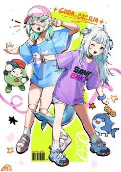 2girls absurdres alternate_costume black_shorts bloop_(gawr_gura) blue_hair blue_shirt blue_shoes cecilia_immergreen doll_joints fins fish_tail gawr_gura green_hair highres hololive hololive_english joints looking_at_viewer multicolored_hair multiple_girls one_eye_closed open_mouth otomo_(cecilia_immergreen) pink_shirt pink_shoes shark_girl shark_tail shirt shoes short_hair shorts smile socks streaked_hair tail tenchi_mayo two_side_up virtual_youtuber white_hair white_shorts white_socks