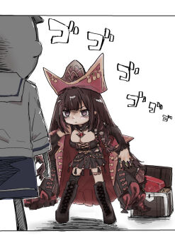 1boy 1girl azur_lane black_boots black_coat black_hair boots chibi closed_mouth coat commander_(azur_lane) doodle_commander_(azur_lane) from_behind gem_(azur_lane) gueeer315 hat highres jewelry knee_boots menacing_(jojo) multicolored_hair pirate pirate_hat purple_eyes purple_streaks queen_anne&#039;s_revenge_(azur_lane) ring sailor shaded_face stare_down streaked_hair treasure_chest