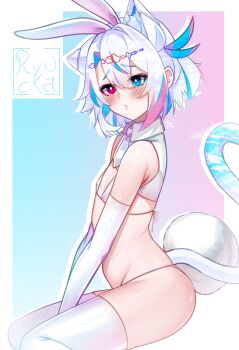 1other absurdres animal_ears artist_name between_legs bikini blue_background blue_eyes blue_eyeshadow blue_hair blush cat_ears cat_girl cat_tail closed_mouth dot_mouth elbow_gloves embarrassed eyelashes eyeshadow fake_animal_ears fake_tail feet_out_of_frame flat_chest from_side gloves hand_between_legs heterochromia highres indie_virtual_youtuber looking_at_viewer looking_to_the_side makeup multicolored_hair necktie other_focus petite pink_background pink_eyes pink_eyeshadow pink_hair pink_necktie rabbit_ears rabbit_tail rika_momoe ryncka short_hair shrug_(clothing) simple_background sitting sleeveless sleeveless_shrug solo swimsuit tail thighhighs two-tone_eyeshadow v_arms virtual_youtuber wariza white_background white_bikini white_gloves white_hair white_shrug white_thighhighs