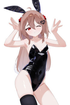 1girl absurdres animal_ears armpits arms_up asymmetrical_legwear black_bunnysuit breasts brown_hair dcmec evil_neuro-sama hair_between_eyes hair_ornament heart heart_hair_ornament highres indie_virtual_youtuber loli long_hair mismatched_legwear neuro-sama one_eye_closed playboy_bunny rabbit_ears rabbit_pose rabbit_tail red_eyes single_thighhigh skull_hair_ornament small_breasts tail thick_thighs thighhighs thighs two_side_up virtual_youtuber white_background