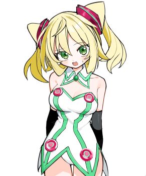 1girl :d black_gloves blonde_hair blush breasts cleavage cowboy_shot detached_collar elbow_gloves gloves green_eyes hacka_doll hacka_doll_1 highres kokaki_mumose looking_at_viewer medium_breasts open_mouth simple_background small_sweatdrop smile twintails white_background