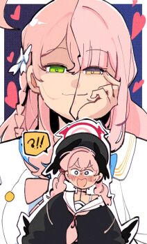 !? 3girls black_hair black_shirt black_wings blue_archive blush bow closed_mouth commentary english_commentary green_eyes hair_bow halo hanako_(blue_archive) hand_on_own_cheek hand_on_own_face head_wings heart highres kinzaibatsu91 koharu_(blue_archive) long_hair mika_(blue_archive) multiple_girls neckerchief open_mouth pink_hair pink_neckerchief red_halo shirt smile surprised twintails white_bow wings yellow_eyes