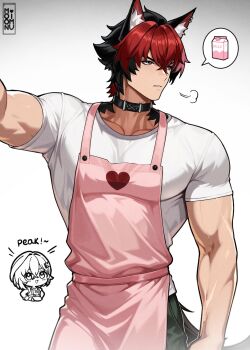 1boy animal_ears belle_(zenless_zone_zero) black_collar black_hair collar dog_boy dog_ears green_pants highres komano_manato male_focus moonimu_art multicolored_hair muscular muscular_male overalls pants pink_overalls red_eyes red_hair scar shirt short_hair solo white_shirt zenless_zone_zero