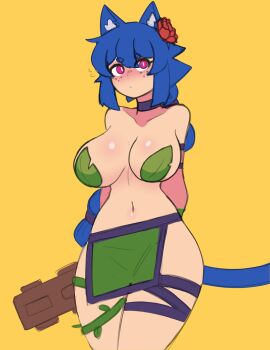 Rule 34 | 1girl, absurdres, animal ear fluff, animal ears, arms behind back, bikini, blue hair, blush, braid, braided ponytail, breasts, cat ears, cat girl, cat tail, choker, club (weapon), collarbone, cosplay, cowboy shot, doce, dryad (terraria), dryad (terraria) (cosplay), female focus, flower, freckles, hair flower, hair ornament, highres, holding, holding weapon, large breasts, leaf bikini, loincloth, long hair, navel, original, pink eyes, plant, red flower, simple background, solo, tail, terraria, vines, weapon, xiao (docecaedrus), yellow background