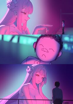 Rule 34 | 1boy, 1girl, bare shoulders, black pants, blade runner (series), blade runner 2049, blue archive, commentary, doodle sensei (blue archive), english commentary, formal clothes, from side, goslingposting (meme), hair bun, highres, light smile, linear 71, meme, mika (blue archive), pants, pink hair, pointing, purple light, sensei (blue archive), suit, yellow eyes, you look lonely (meme)