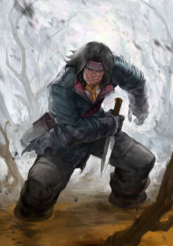 Rule 34 | 1boy, ascot, bare tree, black boots, black coat, black gloves, black hair, black pants, boots, character request, closed mouth, coat, collared coat, commentary, copyright request, dagger, day, debris, determined, english commentary, fighting stance, full body, fur-trimmed sleeves, fur trim, gloves, grey eyes, headband, holding, holding dagger, holding knife, holding weapon, knee pads, knife, lapels, long sleeves, looking at viewer, male focus, orange ascot, outdoors, pants, patipat asavasena, peaked lapels, pink headband, purple headband, scar, scar on face, shirt, sky, sleeves past wrists, solo, torn clothes, torn coat, tree, triangle print, two-sided coat, two-sided fabric, two-tone headband, v-shaped eyebrows, wading, weapon, wetland, white shirt, white sky