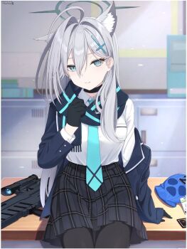 1girl ahoge animal_ear_fluff animal_ears balaclava black_gloves black_pantyhose blue_archive blue_eyes blue_necktie blue_scarf blue_sweater blurry blurry_background breast_pocket collared_shirt commentary_request cross cross_hair_ornament depth_of_field double-parted_bangs gloves gun hair_between_eyes hair_ornament halo highres inverted_cross k-d long_eyelashes looking_at_viewer mask necktie off-shoulder_sweater off_shoulder pantyhose plaid_clothes plaid_skirt pleated_skirt pocket scarf shiroko_(blue_archive) shirt shirt_tucked_in single_sleeve_past_wrist sitting sitting_on_table skirt smile solo sweater unworn_mask weapon white_hair white_shirt