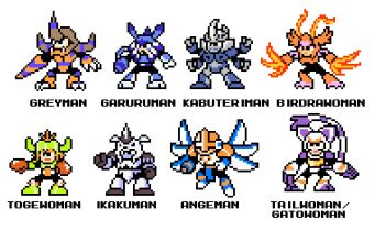 3girls 5boys angel angemon birdramon blue_helmet boxing_gloves brown_helmet character_name covered_eyes digimon digimon_adventure garurumon gloves grey_helmet greymon helmet helmet_over_eyes horns ikkakumon kabuterimon mega_man_(series) multiple_boys multiple_girls parody pixel_art red_gloves robot_cat simple_background single_horn tailmon togemon white_background whiteknot