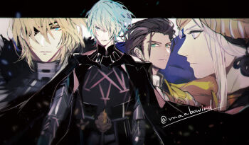 1girl 3boys armor ascot black_armor black_cape black_fur black_hair blonde_hair blue_cape blue_eyes cape claude_von_riegan claude_von_riegan_(timeskip) closed_mouth dimitri_alexandre_blaiddyd dimitri_alexandre_blaiddyd_(timeskip) edelgard_von_hresvelg edelgard_von_hresvelg_(timeskip) eyepatch fire_emblem fire_emblem:_three_houses gauntlets gorget green_eyes green_hair hair_over_one_eye hair_slicked_back letterboxed long_hair looking_to_the_side male_byleth_(awakened)_(fire_emblem) male_byleth_(fire_emblem) multiple_boys nintendo one_eye_covered profile purple_eyes short_hair sideburns smile tsukimura_noe twitter_username white_ascot white_hair yellow_cape
