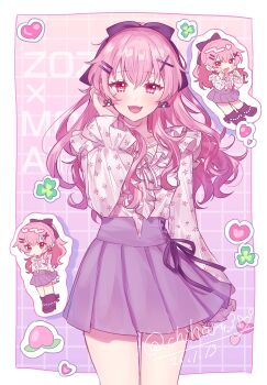 Rule 34 | 1girl, :d, arm at side, arms behind back, black bow, black ribbon, blush, border, bow, character name, chibi, chibi inset, clover, commentary request, copyright name, cowboy shot, cross-laced clothes, cross-laced skirt, crossed bangs, dated, dot nose, earrings, fang, floral print, floral print shirt, food, frilled shirt, frills, fruit, grey skirt, grid background, hair between eyes, hair bow, hair ornament, hairclip, hand up, hands up, harusawa, heart, highres, jewelry, long hair, long sleeves, looking at viewer, miniskirt, momoi airi, neck ribbon, official alternate costume, official alternate hairstyle, open mouth, outside border, parallel hairclips, peach, pink eyes, pink hair, pink shirt, pink theme, pleated skirt, ponytail, project sekai, ribbon, ribbon earrings, shirt, shirt tucked in, sidelocks, skirt, smile, solo, standing, straight-on, tucking hair, twitter username, white border, x hair ornament, zozotown