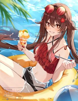 1girl ball beachball bikini black_bikini blush clenched_teeth day eyewear_on_head food from_above genshin_impact highres holding holding_spoon hu_tao_(genshin_impact) innertube looking_at_viewer mismatched_bikini miyanami_3 navel on_innertube open_mouth parfait red_bikini red_nails round_eyewear smile solo spoon stomach swim_ring swimsuit teeth twintails water