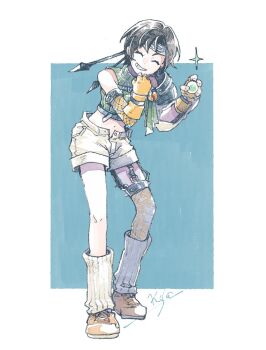 1girl black_hair closed_eyes final_fantasy final_fantasy_vii food full_body gloves grin headband loose_socks michibata_65 midriff navel painting_(medium) short_hair shorts sleeveless smile socks solo traditional_media watercolor_(medium) yuffie_kisaragi