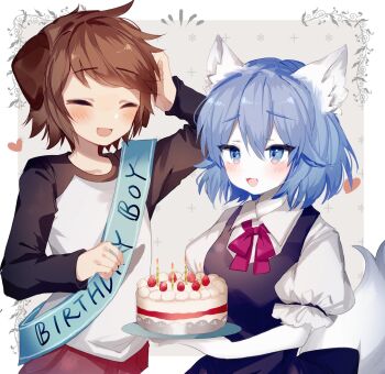 Rule 34 | 1girl, ^ ^, animal ears, birthday, birthday cake, blue eyes, blue hair, blue sash, cake, closed eyes, colored skin, commentary, dog boy, english commentary, food, heart, highres, holding, indie virtual youtuber, jordan sweeto, sash, second-party source, smile, sorani (kaeru0768), tail, virtual youtuber, wolf ears, wolf girl, wolf tail, wolfychu