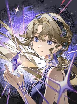 1girl bare_arms bare_shoulders beryl_bouanich black_dress blonde_hair blue_eyes closed_mouth crystallization dress floating_hair from_side gem hairband hand_up highres labroiy long_hair looking_at_viewer low_ponytail ponytail purple_background purple_gemstone reverse:1999 sleeveless sleeveless_dress smile solo sparkle upper_body