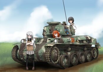 10s 3girls ahoge arm_support axe black_hair black_legwear blue_eyes braid brown_eyes brown_hair camouflage cloud commentary crossed_arms day field girls_und_panzer glasses hair_ornament hairclip hatch head_tilt headset long_hair looking_at_viewer mardjan military military_vehicle motor_vehicle multiple_girls open_mouth original pantyhose path pigeon-toed pleated_skirt radio_antenna road school_uniform short_hair shovel side_braids silver_hair sitting skirt sky smile stridsvagn_m40 sweater_vest sweden tank uniform_vest v weapon worktool