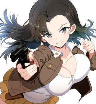 1girl absurdres aiming aiming_at_viewer black_hair blush bouncing_breasts breasts brown_eyes cleavage closed_mouth collarbone commentary_request girls_und_panzer gratin_(kumaisao) gun handgun highres holding holding_gun holding_weapon keizoku_military_uniform large_breasts long_hair looking_at_viewer military_uniform nishi_kinuyo shirt simple_background skirt smile solo weapon white_background white_shirt yellow_skirt