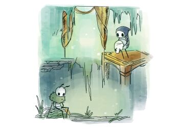 2boys antennae arthropod_boy black_eyes border commentary_request highres holding holding_mask hollow_knight hollow_knight:_silksong korean_commentary male_focus mask multiple_boys quirrel seth_(hollow_knight) sitting stalactite standing white_border white_mask zzomn_0