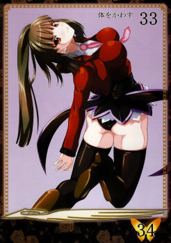 1girl belphegor_(umineko) boots brown_hair female_focus highres long_hair necktie nimu no_naku_koro_ni_(series) pink_necktie ponytail red_eyes ryukishi07 side_ponytail solo thighhighs thighs umineko_no_naku_koro_ni