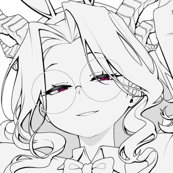 1girl bow bowtie commentary curtained_hair english_commentary glasses greyscale half-closed_eyes highres horns lineart long_hair looking_at_viewer monochrome original parted_lips portrait red_eyes round_eyewear saltnvalk simple_background smile solo spot_color unfinished white_background