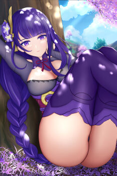 1girl absurdres arm_up ass ass_focus blue_sky blunt_bangs blurry blurry_background braid breasts bridal_gauntlets cherry_blossoms cleavage closed_mouth clothing_cutout cloud cloudy_sky commentary_request dappled_sunlight dated_commentary fan_hair_ornament flower flower_ornament genshin_impact hand_on_own_cheek hand_on_own_face head_tilt highres japanese_clothes knees_up leaning_back lingerie long_braid long_hair looking_at_viewer meyolo mole mole_under_eye multicolored_hair neck_ribbon outdoors parted_lips pink_lips purple_eyes purple_hair purple_thighhighs raiden_shogun red_ribbon red_sash ribbon sash shoulder_cutout single_braid sitting sky solo streaked_hair sunlight thighhighs thighs tree tree_shade underwear