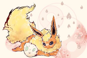 animal_focus blue_eyes bwmtk1110 egg flareon floral_background fluffy full_body gen_1_pokemon highres looking_at_viewer lying neck_fur nintendo no_humans orange_fur pokemon pokemon_(creature) pokemon_egg pokemon_focus simple_background solo white_background yellow_fur