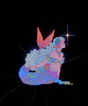 1girl bare_shoulders bikini black_background blue_bikini blue_eyes blue_tail blunt_bangs bracelet breasts cleavage commentary curly_hair fins gradient_tail hair_ornament head_fins headband highres inthestardust jewelry long_hair lying medium_breasts mermaid monster_girl nail_polish necklace on_side original pearl_bracelet pearl_necklace profile purple_nails purple_sarong sarong scales solo star_(sky) starfish swimsuit white_hair