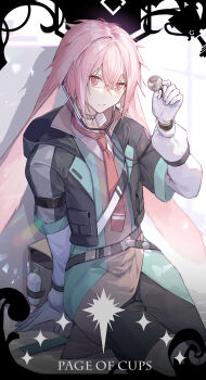 1boy absurdres androgynous animal_ears ansel_(arknights) arknights arm_support backpack bag belt bishounen black_choker black_jacket black_shirt brown_bag card_(medium) choker collared_shirt commentary cropped_jacket dress_shirt english_commentary expressionless feet_out_of_frame gloves highres holding holding_stethoscope hood hood_down hooded_jacket infection_monitor_(arknights) jacket kotatsu_kaya lens_flare looking_at_viewer looking_up male_focus minor_arcana_(tarot) necktie open_clothes open_jacket page_of_cups_(tarot) pink_eyes pink_hair red_necktie shadow shirt sitting solo stethoscope tarot very_long_ears white_gloves white_shirt
