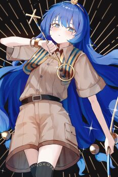 1girl :o absurdres belt black_background black_belt black_thighhighs blue_eyes blue_hair blush bracelet brown_shirt brown_shorts collared_shirt cowboy_shot facial_mark gold_bracelet gold_hairband hair_ornament hairband highres holding holding_staff jewelry kaminose_(user_veum4325) long_hair looking_at_viewer low-tied_long_hair michigami_nareko parted_lips shirt short_sleeves shorts solo sparkle sphere_hair_ornament staff thighhighs touhou triangle triangle_facial_mark very_long_hair