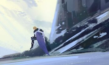 1boy absurdres black_boots black_fur blonde_hair blue_cape boots cape commentary dimitri_alexandre_blaiddyd dimitri_alexandre_blaiddyd_(timeskip) english_commentary fire_emblem fire_emblem:_three_houses fur-trimmed_boots fur_trim greiilock highres male_focus mountain nintendo outdoors profile sitting snow solo white_fur