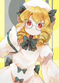 1girl ascot black_ascot blonde_hair commentary_request dress drill_hair fairy_wings frown glasses hat itomugi-kun luna_child red_eyes serious solo touhou white_dress white_hat wings yellow_background