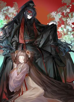 Rule 34 | 1boy, 1girl, absurdres, black eyes, black hair, bochishiraita, breasts, brown hair, chinese clothes, cleavage, commentary request, drill hair, expressionless, family hierarch candidate (identity) (project moon), hair ornament, hand on own knee, highres, hong lu (project moon), jewelry, knee up, light smile, limbus company, long hair, necklace, one eye covered, project moon, very long hair, xue baochai (project moon)