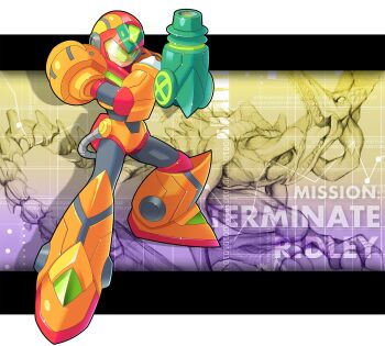 Rule 34 | 1boy, android, arm cannon, armor, assault visor, bodysuit, commentary, crossover, english commentary, forehead jewel, full body, green eyes, green visor, gun, helmet, highres, legs apart, mega man (series), mega man x (series), metroid, nintendo, power armor, power suit (metroid), ridley, science fiction, solo, standing, ultimatemaverickx, varia suit, weapon, x (mega man)