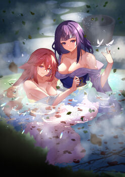 2girls absurdres animal_ears armpits bare_shoulders blunt_bangs blurry blurry_background breasts bucket chenghuzongsi cleavage closed_mouth collarbone commentary_request couple crystalfly_(genshin_impact) eyeliner falling_leaves floating fox_ears fox_girl fox_tail bad_tag genshin_impact head_tilt highres huge_breasts japanese_clothes kimono large_breasts leaf leaning_on_person leaning_to_the_side long_hair long_sleeves looking_at_viewer looking_to_the_side makeup multiple_girls nude off_shoulder onsen outdoors pink_hair pink_lips purple_eyes purple_hair raiden_shogun red_eyeliner smile steam tail teeth water wet wide_sleeves yae_miko yukata yuri