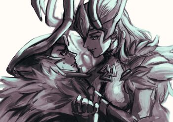 1boy 1girl absurdres alternate_form armor blurry cape commentary depth_of_field dual_persona fake_horns fur-trimmed_cape fur_trim greyscale hashtag-only_commentary helmet highres horned_headwear horned_helmet horns lady_loki loki_(marvel) long_hair looking_at_another looking_down looking_up marvel marvel_rivals megane_(0max_megane0) monochrome nervous official_alternate_design profile scale_armor sweatdrop symbol-only_commentary thor_(marvel)_(series) upper_body white_background