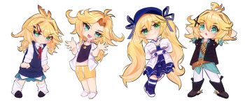 1girl angry aqua_shirt bandolier belt black_boots black_gloves black_jacket black_shirt black_veil blonde_hair blue_dress boots chibi chibi_only commentary cowboy_boots crocs cropped_shirt dokibird dokibird_(bounty_hunter) dokibird_(retro_doki) dokibird_(school_uniform) dokibird_(summer) dress embarrassed english_commentary fang feather_hair full_body gloves green_eyes hair_ornament highres indie_virtual_youtuber jacket long_hair looking_at_viewer loose_socks low_twintails male_swimwear multiple_views official_alternate_costume school_uniform shirt simple_background skin_fang smug socks sweater_vest swim_trunks troubleshooter_bun twintails veil very_long_hair virtual_youtuber white_background white_jacket white_socks x_hair_ornament