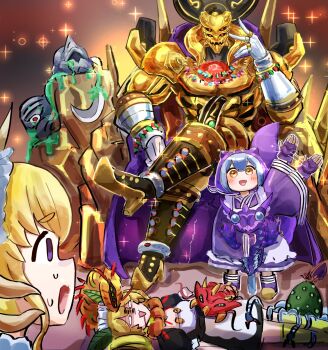 1boy 3girls apron blonde_hair blood blood_from_mouth blue_gloves blue_hair blue_kimono blush cape commentary_request dragon_girl dragon_horns dragon_tail duel_monster eldlich_the_golden_lord extra_eyes fingerless_gloves gloves gold hatano_kiyoshi high_heels highres holding horns japanese_clothes jewelry kimono lady's_dragonmaid laundry_dragonmaid magicolloidal_sol maid maid_apron maid_headdress multiple_girls open_mouth paleozoic_anomalocaris paleozoic_canadia paleozoic_olenoides parlor_dragonmaid purple_eyes red_eyes sitting sweatdrop tail wa_maid waist_apron waving white_gloves yellow_eyes yu-gi-oh!