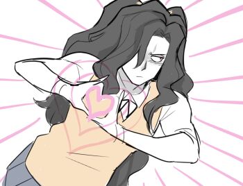 Rule 34 | 1boy, black hair, blue skirt, blush, cosplay, crossdressing, crossdressing (mtf), flustered, glowing heart, hair over one eye, heart, heart hands, highres, long hair, looking to the side, lovemaid22, male focus, michael roa valdamjong, miniskirt, misaki municipal high school uniform, red eyes, school, school uniform, shirt, sketch, skirt, tsukihime, two side up, upper body, vampire, vest, wavy hair, white shirt, yellow vest, yumizuka satsuki, yumizuka satsuki (cosplay)