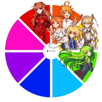 1boy 5girls animal_ears arknights artist_name blonde_hair blue_eyes bodysuit breasts brown_hair c.c. chain cleavage code_geass collared_shirt color_wheel_challenge commentary dimcember dorothy_(arknights) emma_(yakusoku_no_neverland) english_commentary floating_hair gloves green_eyes green_hair hunter_x_hunter kurapika long_hair long_sleeves mecha_pilot_suit multiple_drawing_challenge multiple_girls nami_(one_piece) neon_genesis_evangelion one_piece orange_hair pixel_art plugsuit_(evangelion) red_bodysuit red_eyes round_image shirt short_hair souryuu_asuka_langley tank_top tattoo twitter_logo unfinished white_shirt white_tank_top yakusoku_no_neverland yellow_eyes yellow_gloves