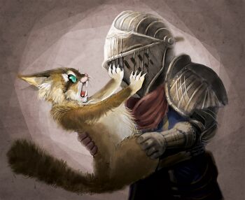 Rule 34 | 1other, ambiguous gender, animal, armor, blue eyes, blue tunic, brown background, brown cat, cat, cat day, chosen undead, commentary request, dark souls (series), dark souls i, dark souls ii, gauntlets, helm, helmet, holding, holding animal, holding cat, nukotama, one way sign, pauldrons, road sign, scratches, shoulder armor, sign, solo, sweet shalquoir, tunic, upper body