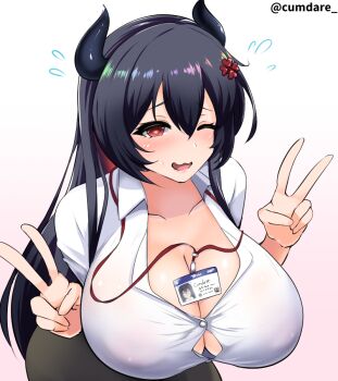 1girl black_hair black_horns black_skirt breasts bursting_breasts cleavage clover_hair_ornament collarbone collared_shirt comdost_(vtuber) covered_erect_nipples cumdare double_v flying_sweatdrops four-leaf_clover_hair_ornament hair_ornament horns huge_breasts id_card indie_virtual_youtuber lanyard long_hair one_eye_closed open_mouth red_eyes shirt skirt solo twitter_username v virtual_youtuber white_shirt