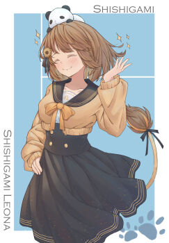 1girl absurdres animal animal_on_head black_ribbon black_sailor_collar black_skirt blonde_hair blue_background blush border breasts brown_cardigan cardigan character_name closed_eyes closed_mouth collarbone commentary_request cowboy_shot doyagao flower hair_flower hair_ornament hair_ribbon hand_on_own_hip hand_up high-waist_skirt highres jacket leo_(symbol) lion_girl lion_tail medium_breasts medium_hair no_animal_ears on_head panda paw_print re:act ribbon sailor_collar shisgigami_leona_(6th_costume) shishigami_leona skirt sleeves_past_wrists smile smug solo sparkle sparkling_aura standing tail virtual_youtuber white_border ziku_(ktitor9828)