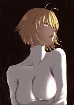1girl absurdres ahoge arcueid_brunestud blonde_hair breasts crossed_arms facing_to_the_side hair_intakes hair_over_one_eye highres looking_at_viewer nemuriel open_mouth profile red_eyes short_hair sweater tsukihime tsukihime_(remake) turtleneck turtleneck_sweater white_sweater