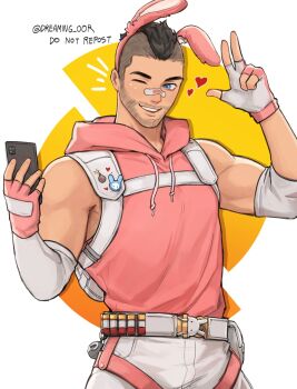 1boy animal_ears bandaid bandaid_on_face bandaid_on_nose black_hair blue_eyes call_of_duty call_of_duty:_modern_warfare_2 dreaming_oor facial_hair fake_animal_ears fingerless_gloves gloves heart highres holding holding_phone hood hood_down hoodie looking_at_phone male_focus one_eye_closed phone pink_gloves rabbit_boy rabbit_ears selfie short_hair sleeveless sleeveless_hoodie smile soap_(modern_warfare_2) solo twitter_username v