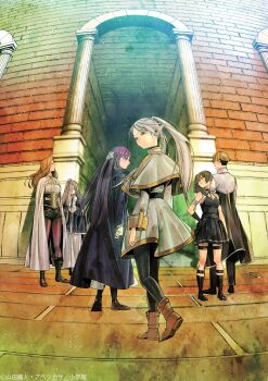 1boy 5girls abe_tsukasa absurdly_long_hair absurdres arm_strap armlet bare_shoulders belt black_belt black_boots black_corset black_dress black_gloves black_pantyhose black_shorts blonde_hair blue_capelet boots bow brick brick_floor brick_wall brown_boots brown_hair capelet cloak coat corset cover cover_page doorway dress earrings elf eyewear_on_head fern_(sousou_no_frieren) frieren full_body glasses gloves gold_trim green_hair hair_ornament hair_over_one_eye highres jewelry land_(sousou_no_frieren) long_hair long_sleeves looking_at_viewer looking_back manga_cover methode_(sousou_no_frieren) multiple_girls pantyhose parted_bangs pleated_dress pleated_skirt pointy_ears ponytail purple_eyes purple_hair red_pantyhose second-party_source sense_(sousou_no_frieren) shorts single_glove skirt sleeveless sleeveless_dress smile sousou_no_frieren teardrop_earrings thigh_strap twintails ubel_(sousou_no_frieren) very_long_hair white_capelet white_cloak white_coat white_dress