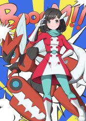 Rule 34 | 1girl, black eyes, black hair, blue background, blue pantyhose, boots, closed mouth, commentary request, creatures (company), dress, english text, game freak, gen 2 pokemon, gloves, hair ornament, hand on own hip, highres, long sleeves, looking at viewer, mega pokemon, mega scizor, mochitaro (mothitaroo), nintendo, official alternate costume, pantyhose, pokemon, pokemon (creature), pokemon masters ex, red dress, scarf, scizor, selene (pokemon), selene (special costume) (pokemon), short hair, smile, two-tone background, two-tone dress, white dress, white footwear, white gloves, yellow background