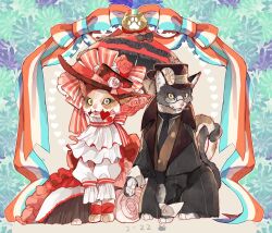 Rule 34 | animal, animal focus, ascot, black-framed eyewear, black capelet, black cat, black coat, black necktie, bow, bow choker, brown hair, capelet, cat, choker, clothed animal, coat, dress, fangs, floral background, flower, frilled dress, frilled umbrella, frills, full body, glasses, gown, hat, hat flower, heart, highres, intertwined tails, leg warmers, long sleeves, looking at viewer, mouth hold, necktie, no humans, open mouth, original, paw print, pawpads, pink flower, pink rose, puffy sleeves, red choker, rose, sitting, striped bow, tonbippo08, umbrella, umbrella bow, white ascot, white dress, white flower, white rose, yellow eyes