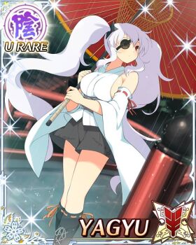 1girl black_boots black_shorts boots border breasts card_(medium) character_name closed_mouth detached_sleeves dot_mouth eyepatch facing_to_the_side game_cg holding holding_umbrella japanese_clothes kimono large_breasts long_hair looking_up official_art oil-paper_umbrella rain red_eyes senran_kagura senran_kagura_new_wave shorts shuriken_hair_ornament sideboob solo third-party_source twintails umbrella very_long_hair white_hair white_kimono yagyu_(senran_kagura)