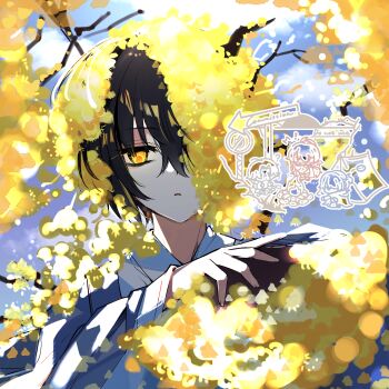 1boy absurdres commentary_request commission dappled_sunlight day e.g.o_(project_moon) flower flower_over_eye glowing glowing_eye grey_jacket hanbok highres homura792 jacket korean_clothes limbus_company looking_at_viewer project_moon solo spicebush_(e.g.o) sunlight white_hanbok yellow_eyes yellow_flower yi_sang_(project_moon)